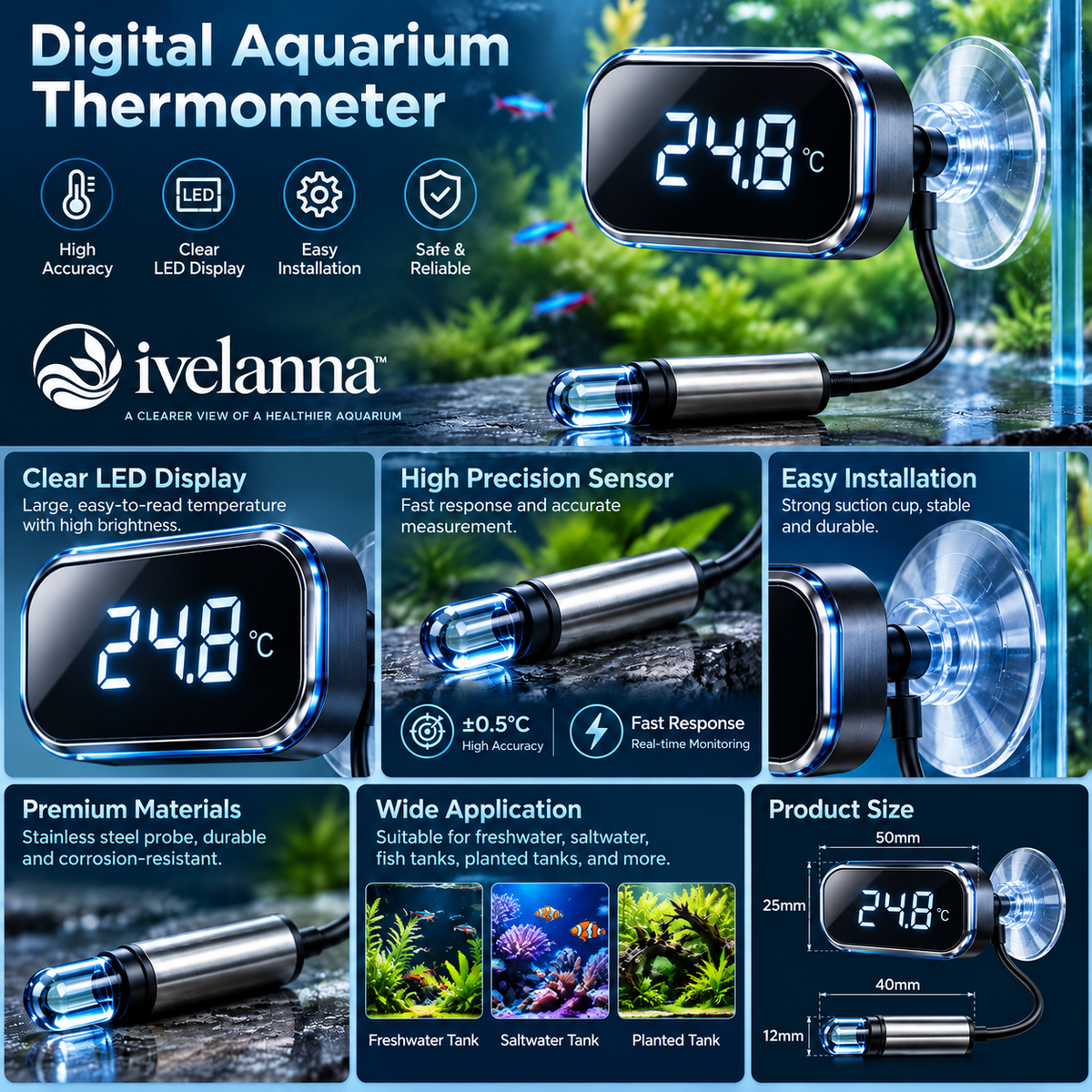 ivelanna Digital Aquarium Thermometer view 1